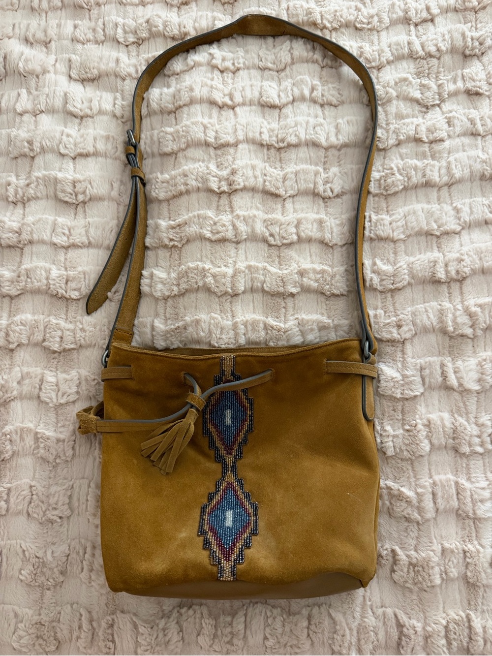 Mustard Suede Crossbody with Beaded Southwestern Accent